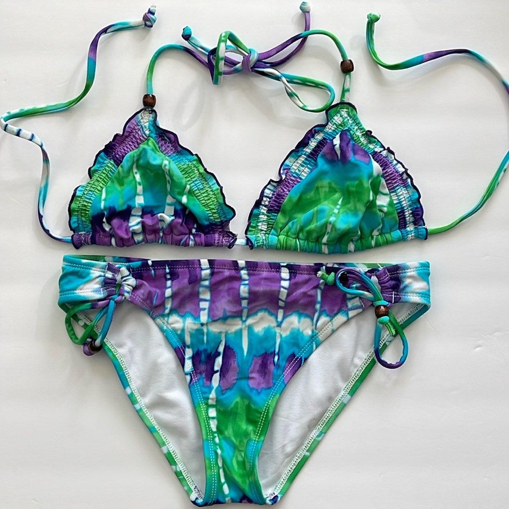 HOBIE Bikini Bottom Tie-Dye Purple, Turquoise, Green&White w/Heart Print-Sm - Picture 2 of 8
